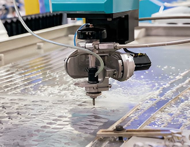 Waterjet cutting head over a steel plate